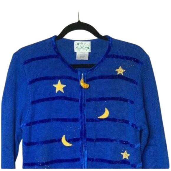 Quacker Factory Blue Chenille Yellow White Embroidered Angels Cardigan Plus 1X - Picture 4 of 10